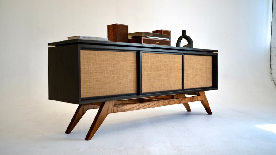 Black Oak Mid Century Modern Record Player Vinyl Storage Stand