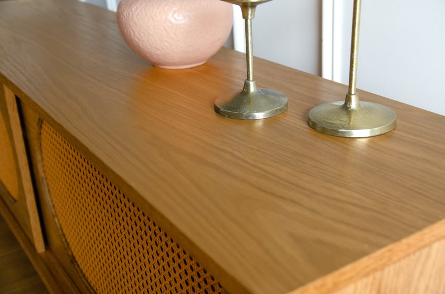 White Oak Sunset Mid Century Modern TV Console Record Player Stand