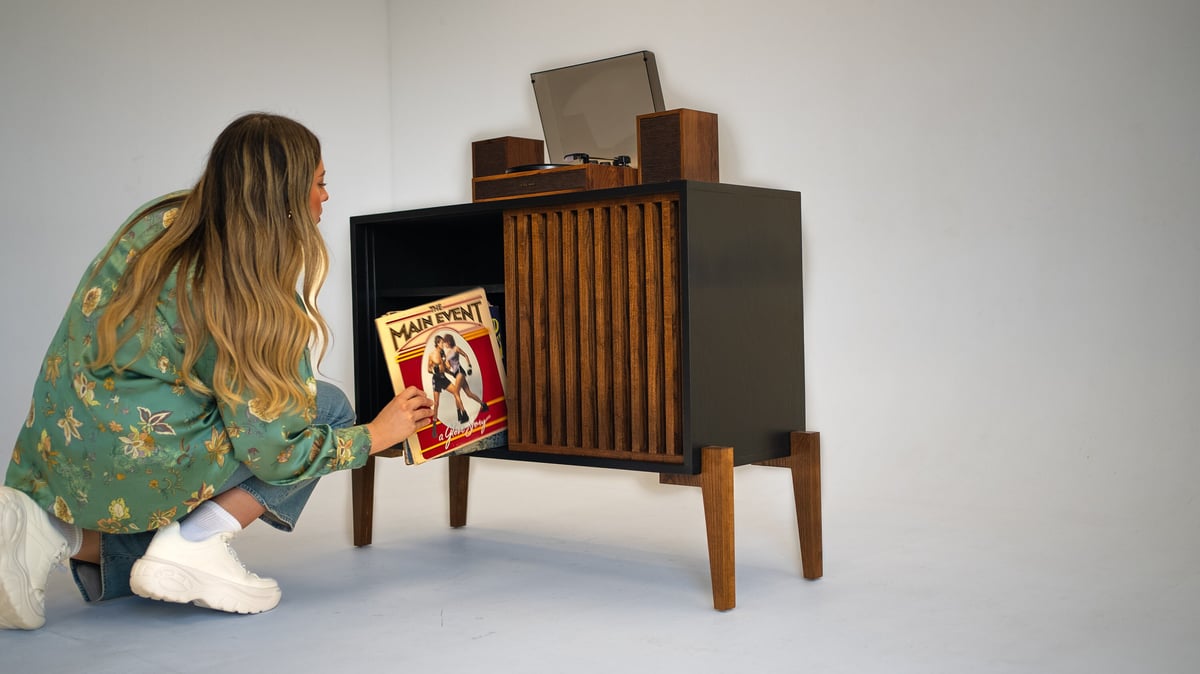 Black Urban Slat Record Player Vinyl Storage Stand