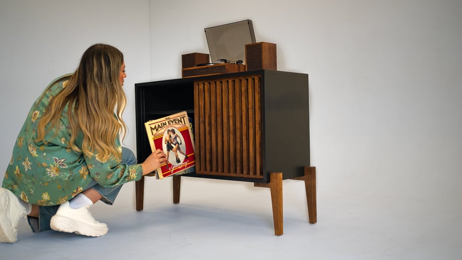 Black Urban Slat Record Player Vinyl Storage Stand