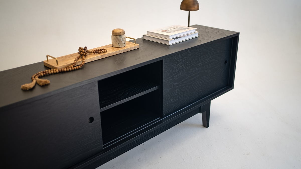 Oak Black Reversible Industrial Mid Century Modern TV Console Record Player Stand