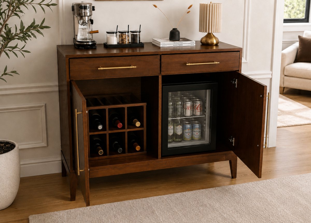 Walnut Coffee Bar Cabinet with Fridge Space