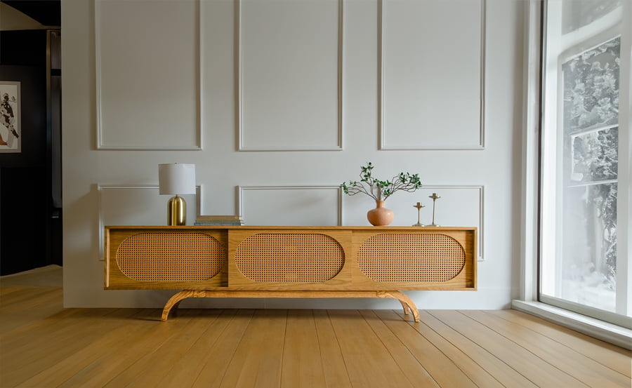 White Oak Sunset Mid Century Modern TV Console Record Player Stand