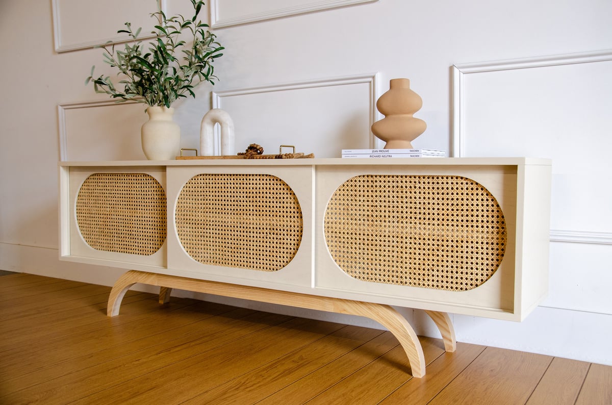 White Mid Century Modern Sunset TV Stand