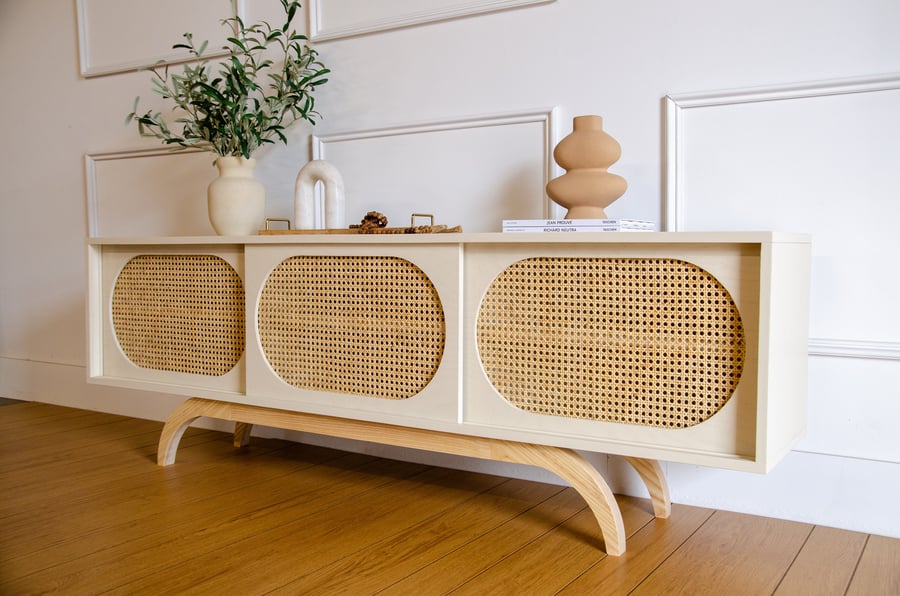 White Mid Century Modern Sunset TV Stand