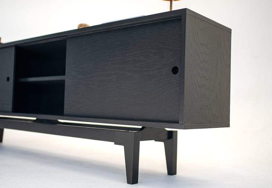 Oak Black Reversible Industrial Mid Century Modern TV Console Record Player Stand
