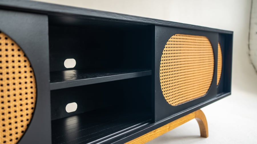 Sunset Mid Century Modern Black Media TV Console Record Player Stand