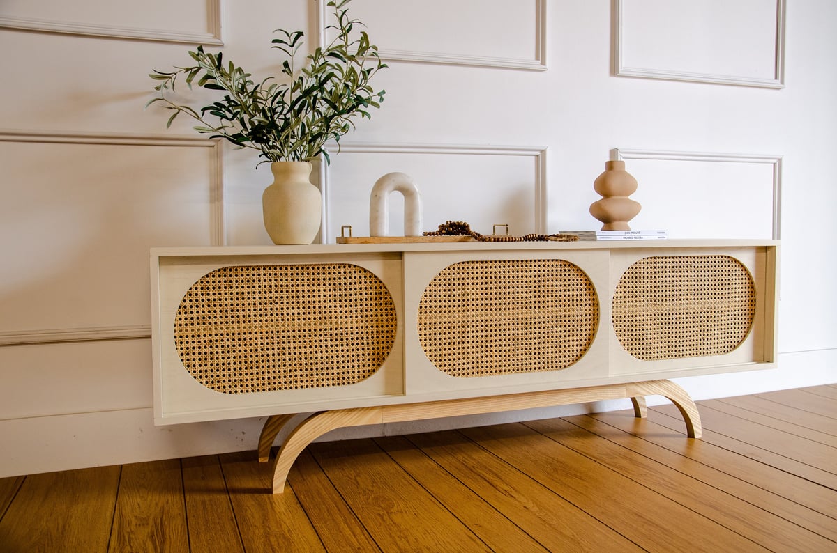White Mid Century Modern Sunset TV Stand
