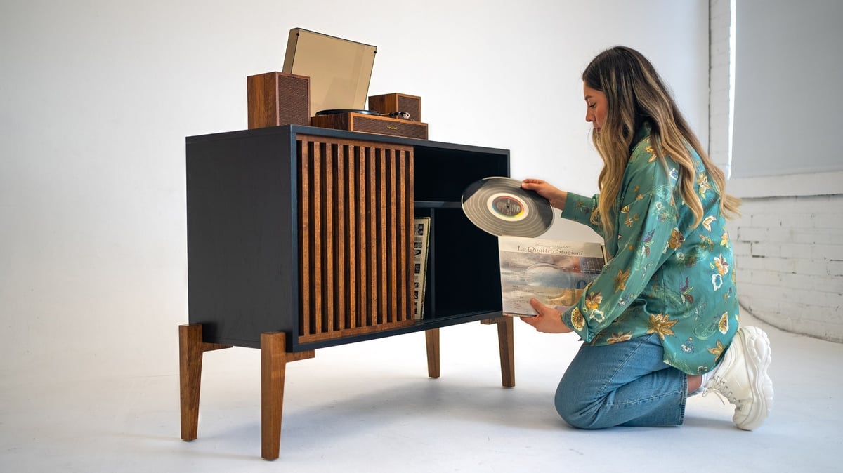Black Urban Slat Record Player Vinyl Storage Stand