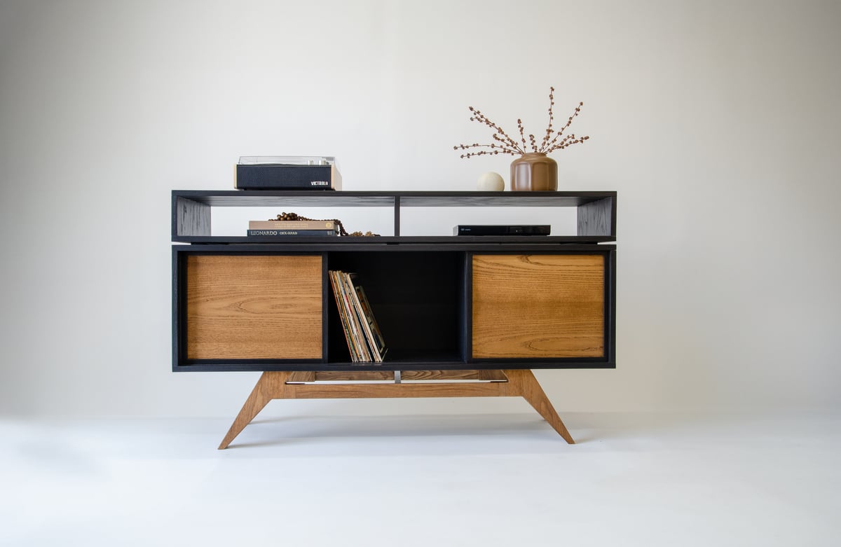 Mid Century Modern Oak Two Tier Record Player Vinyl Storage Stand