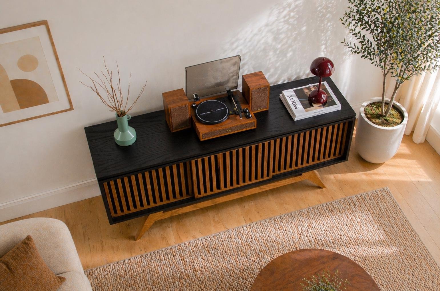 Mid century modern record player stand with vinyl record storage