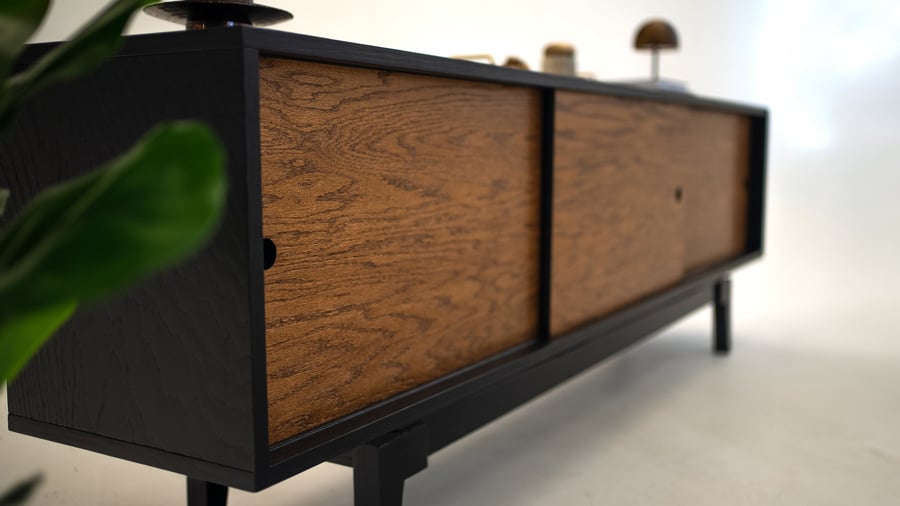 Oak Black Reversible Industrial Mid Century Modern TV Console Record Player Stand