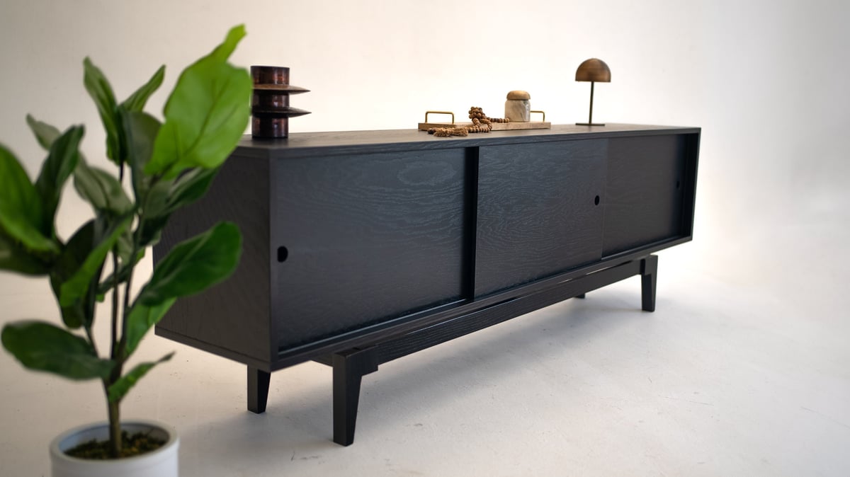 Oak Black Reversible Industrial Mid Century Modern TV Console Record Player Stand