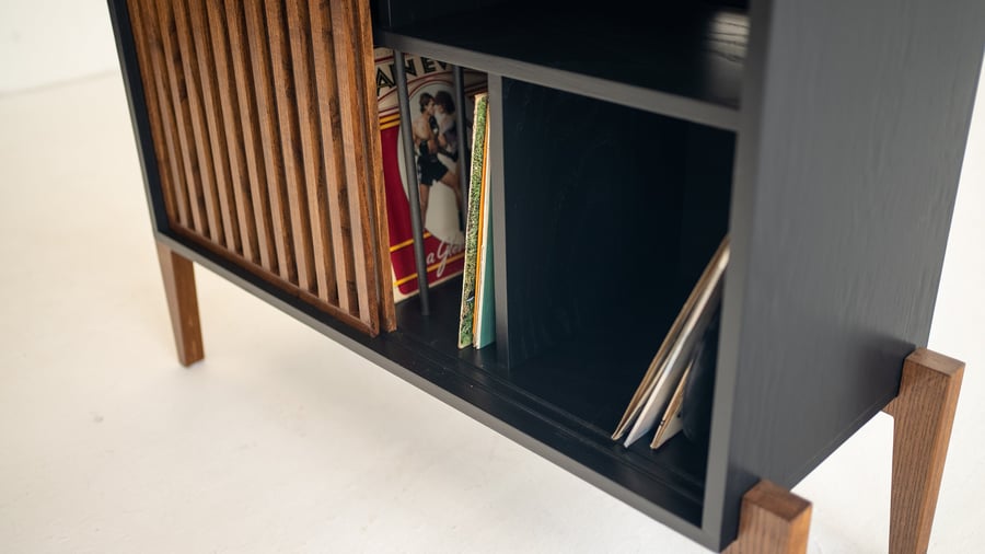 Black Urban Slat Record Player Vinyl Storage Stand