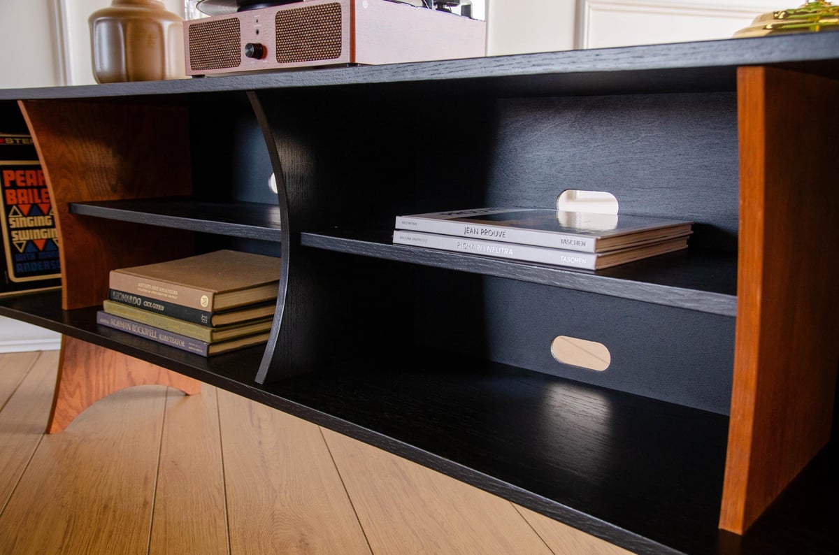 Black Oak Art Deco Record Player Vinyl Storage TV Stand