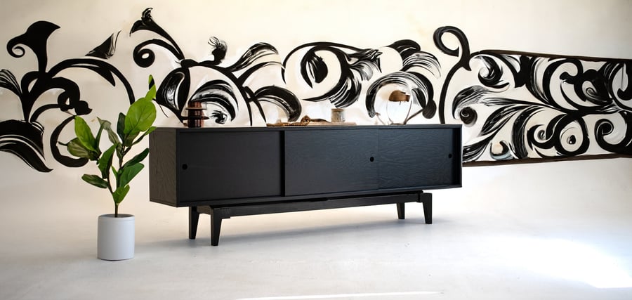 Oak Black Reversible Industrial Mid Century Modern TV Console Record Player Stand