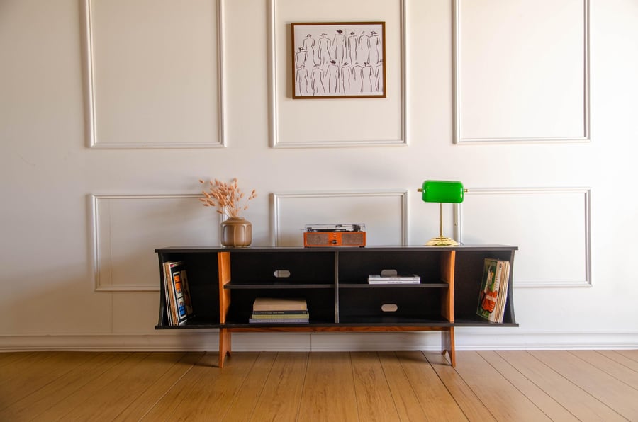 Black Oak Art Deco Record Player Vinyl Storage TV Stand
