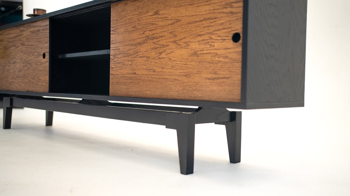 Oak Black Reversible Industrial Mid Century Modern TV Console Record Player Stand
