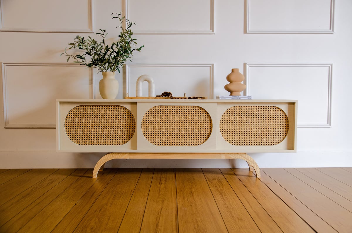 White Mid Century Modern Sunset TV Stand