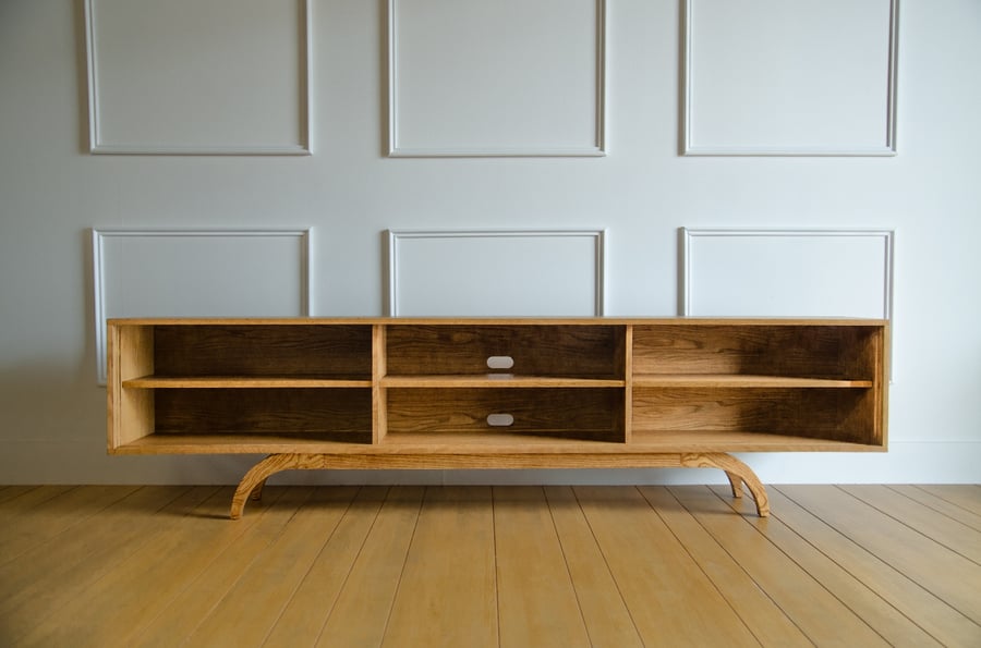 White Oak Sunset Mid Century Modern TV Console Record Player Stand