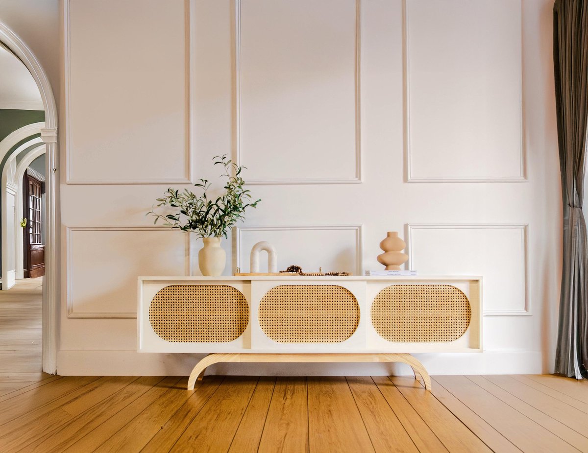White Mid Century Modern Sunset TV Stand