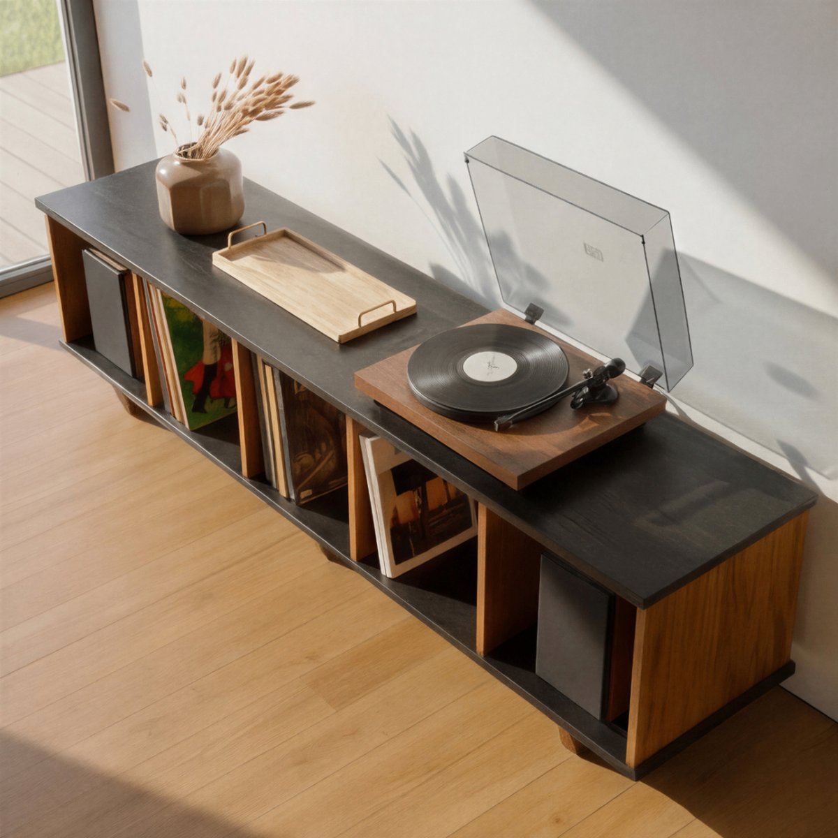 Black Oak Minimalist Record Player Vinyl Storage Stand Bench