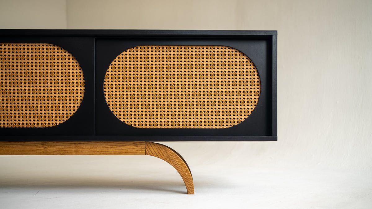 Sunset Mid Century Modern Black Media TV Console Record Player Stand
