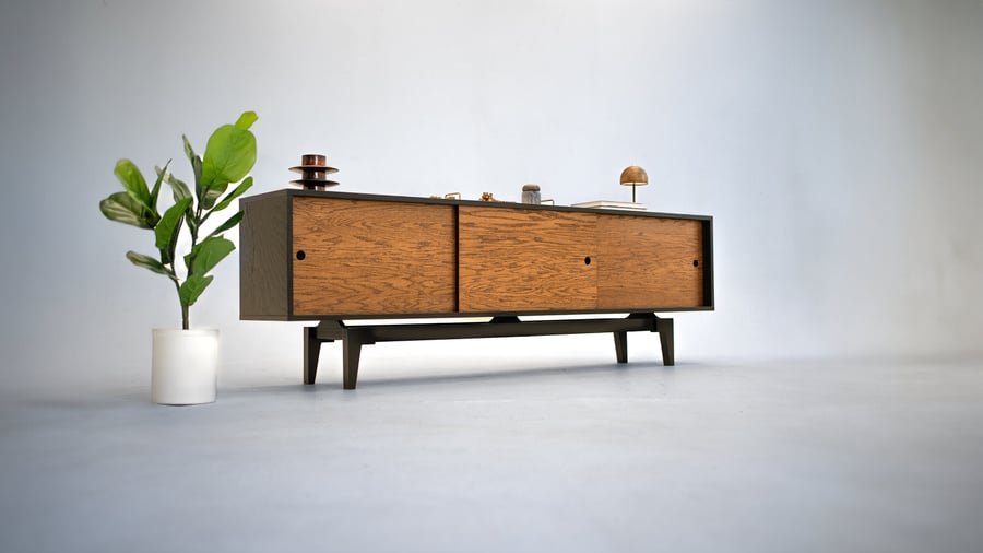 Oak Black Reversible Industrial Mid Century Modern TV Console Record Player Stand