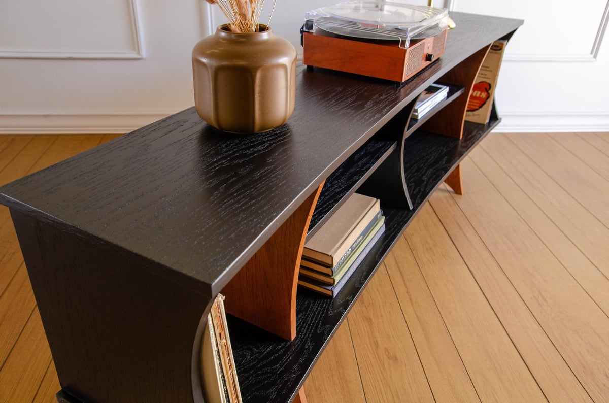 Black Oak Art Deco Record Player Vinyl Storage TV Stand