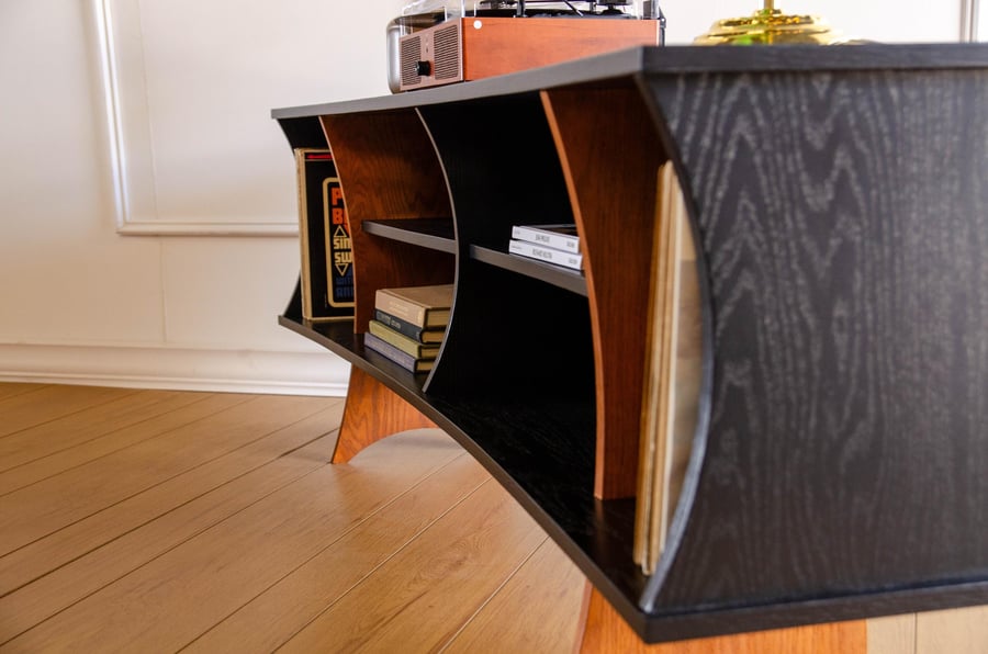 Black Oak Art Deco Record Player Vinyl Storage TV Stand
