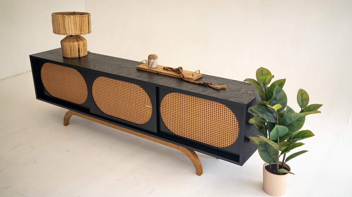 Sunset Mid Century Modern Black Media TV Console Record Player Stand