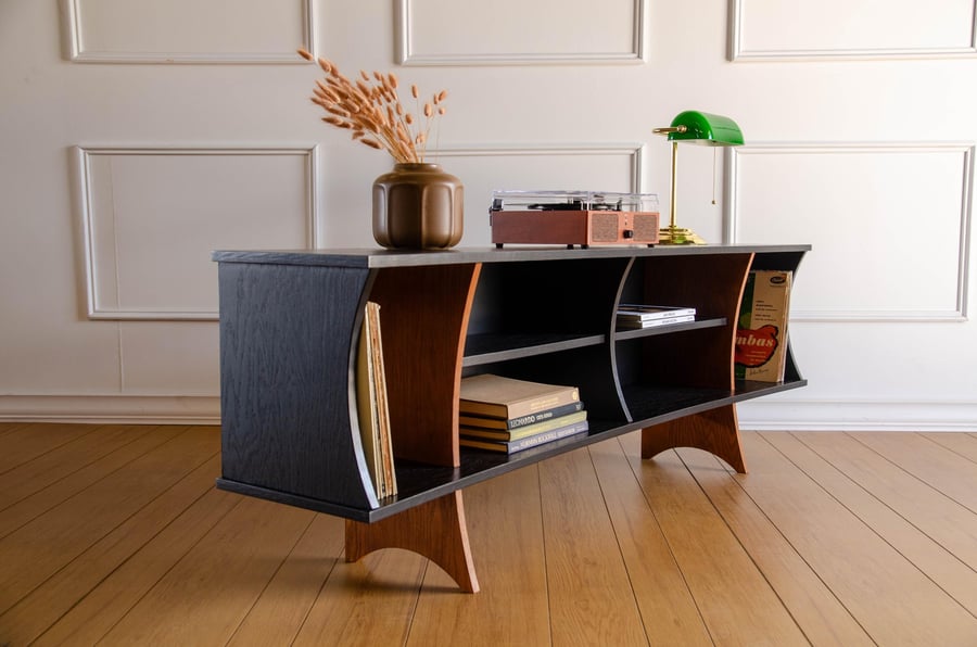 Black Oak Art Deco Record Player Vinyl Storage TV Stand