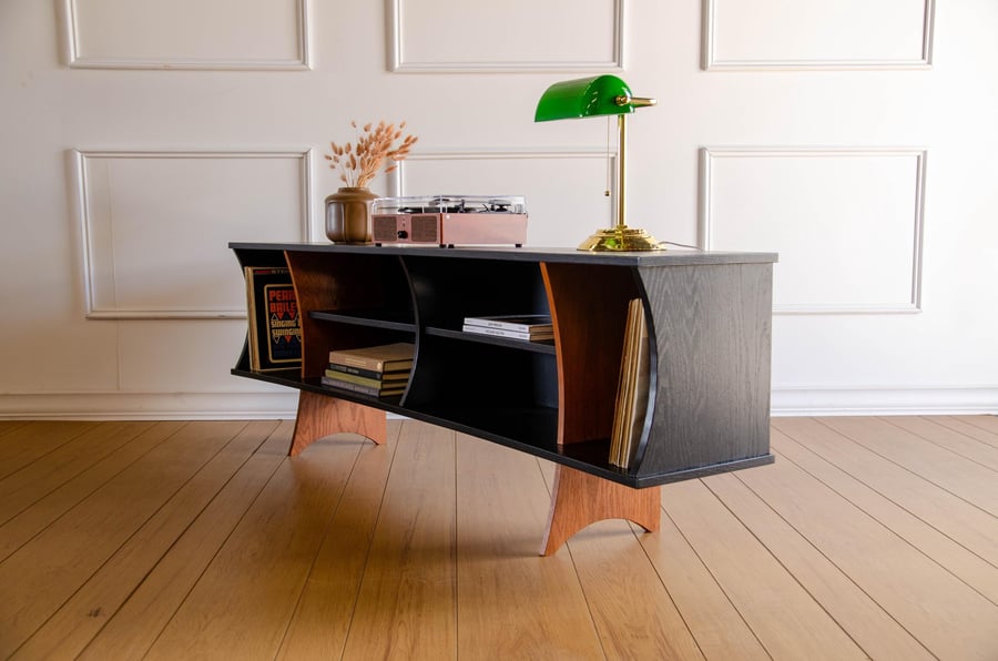 Black Oak Art Deco Record Player Vinyl Storage TV Stand