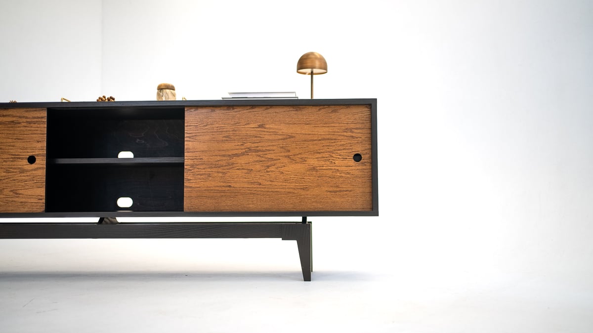 Oak Black Reversible Industrial Mid Century Modern TV Console Record Player Stand