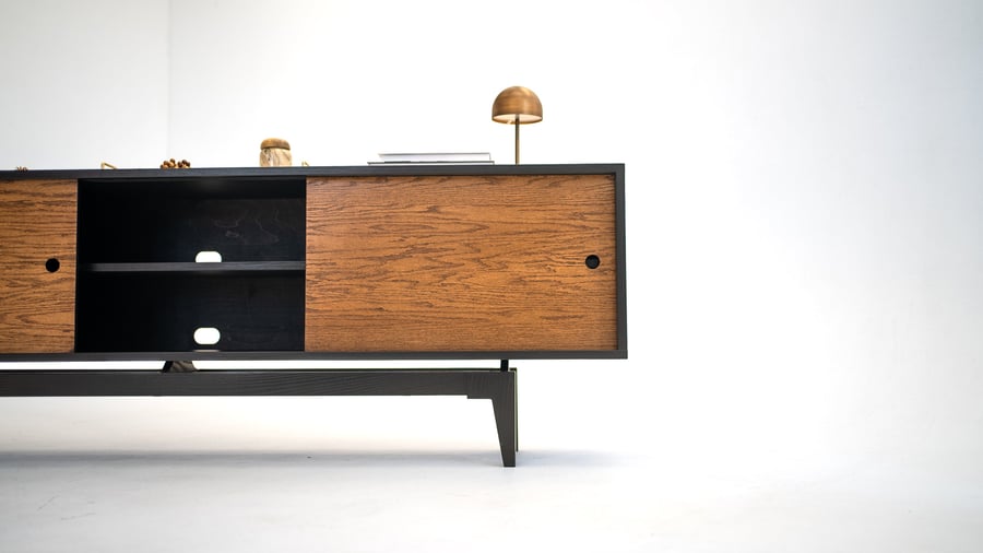Oak Black Reversible Industrial Mid Century Modern TV Console Record Player Stand