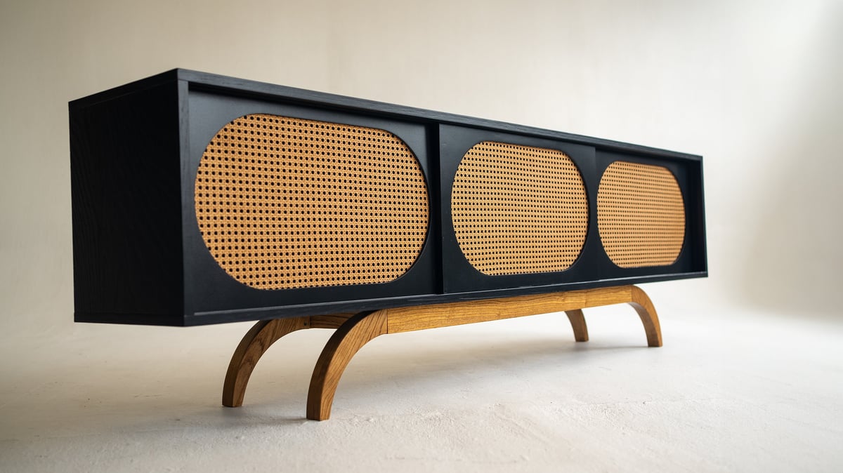 Sunset Mid Century Modern Black Media TV Console Record Player Stand