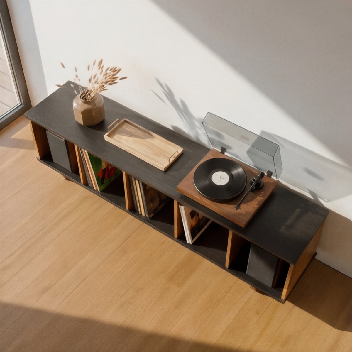 Black Oak Minimalist Record Player Vinyl Storage Stand Bench