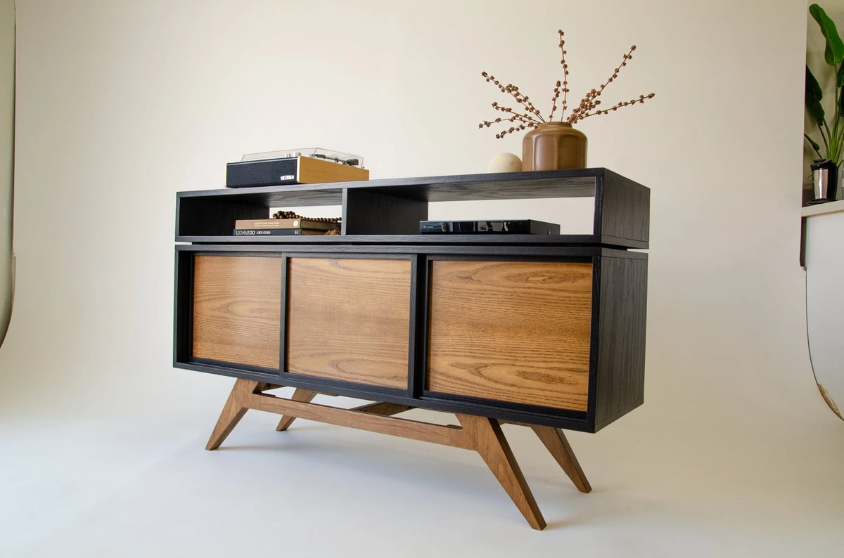Mid Century Modern Oak Two Tier Record Player Vinyl Storage Stand