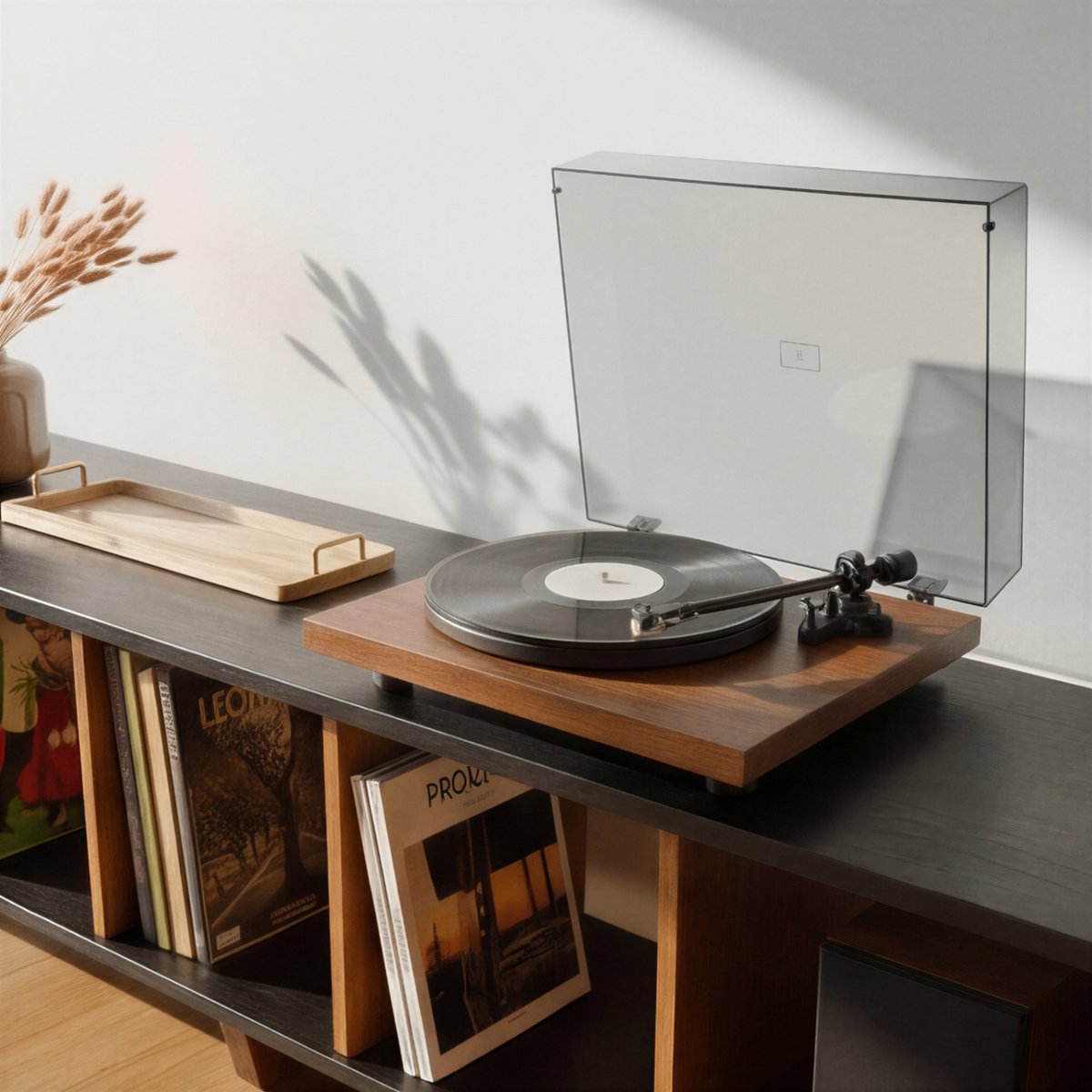 Black Oak Minimalist Record Player Vinyl Storage Stand Bench