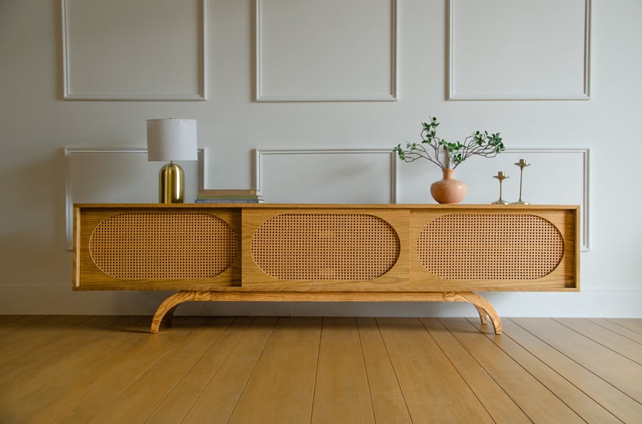 White Oak Sunset Mid Century Modern TV Console Record Player Stand