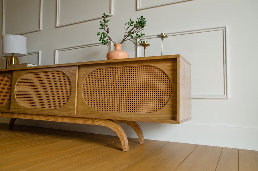 White Oak Sunset Mid Century Modern TV Console Record Player Stand
