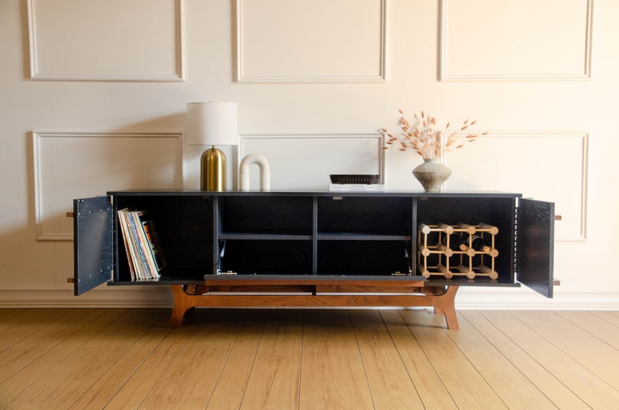 Mid Century Modern Bow TV Console Wine Bar Record Player Stand