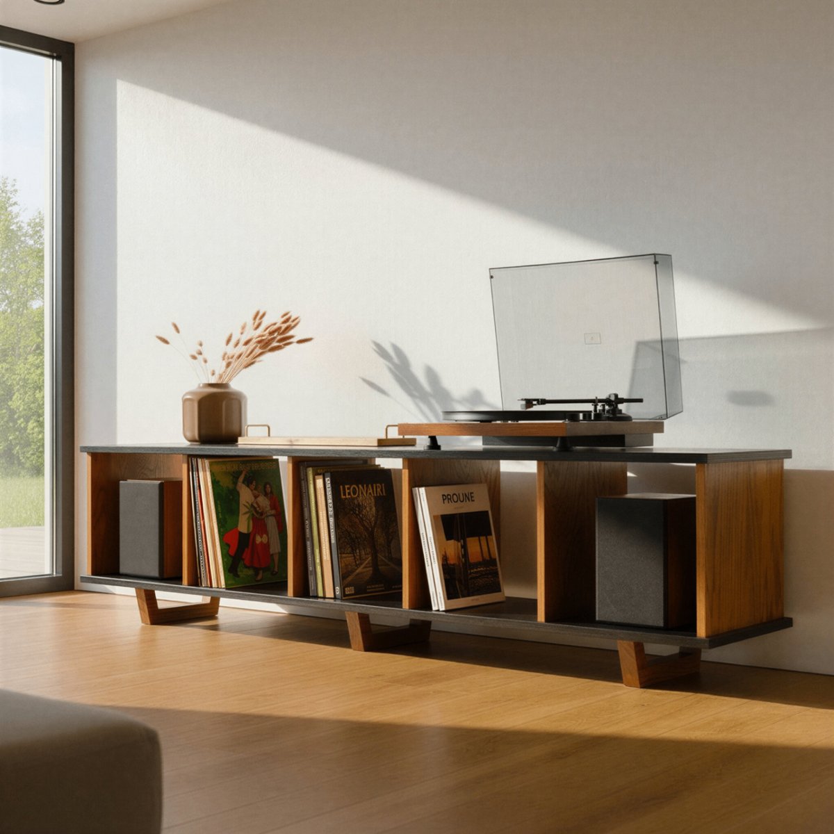 Black Oak Minimalist Record Player Vinyl Storage Stand Bench