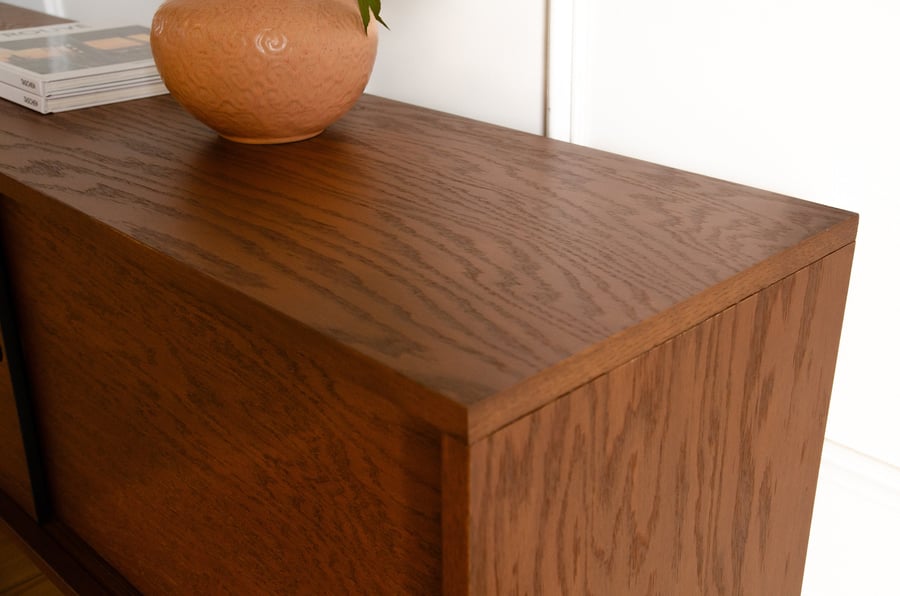 Red Oak Mid Century Modern TV Stand Media Console Record Player Vinyl Storage