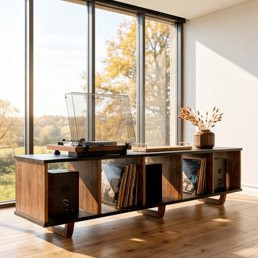 Black Oak Minimalist Record Player Vinyl Storage Stand Bench