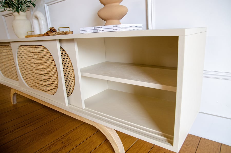 White Mid Century Modern Sunset TV Stand