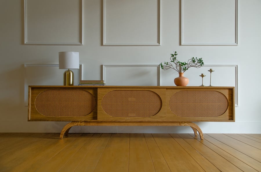 White Oak Sunset Mid Century Modern TV Console Record Player Stand