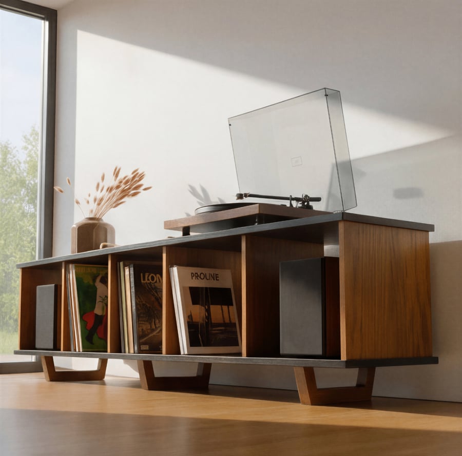 Black Oak Minimalist Record Player Vinyl Storage Stand Bench