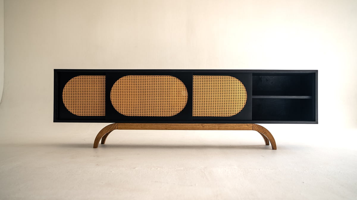Sunset Mid Century Modern Black Media TV Console Record Player Stand