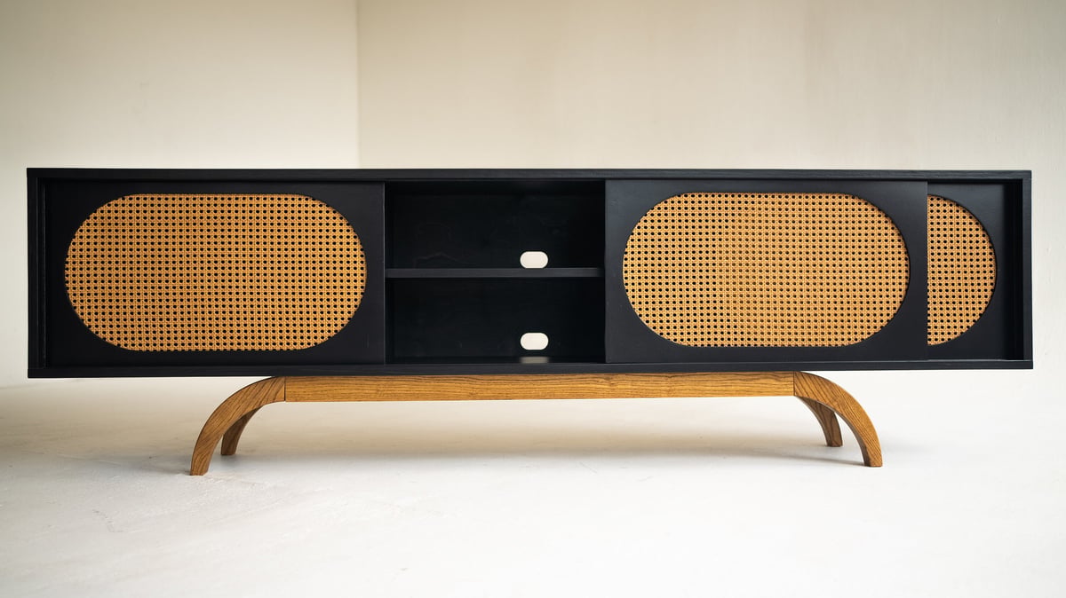 Sunset Mid Century Modern Black Media TV Console Record Player Stand